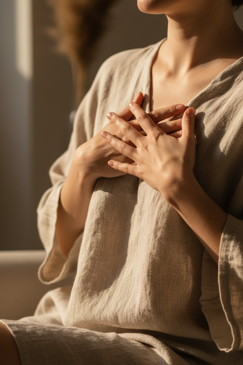 Close-up of hands resting over the heart in soft golden-hour light — the grounded pause at the center of the Body Before Thought Sequence.