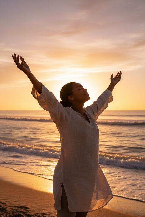 Woman standing on the shore at golden hour, arms open and palms up mid-exhale — the settled nervous system state this workbook trains you to reach.